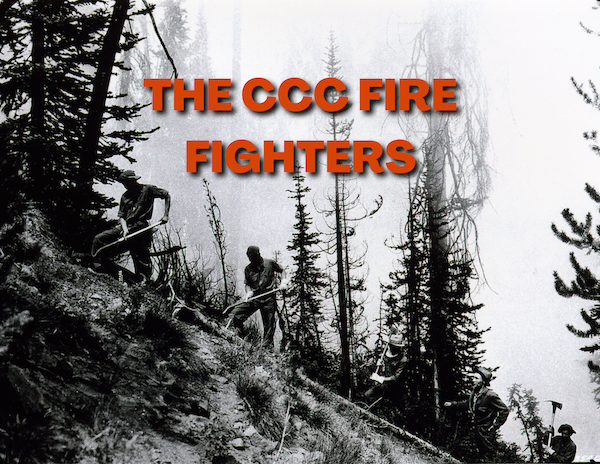 Bllack and white photo of CCC fighting fires in woods.