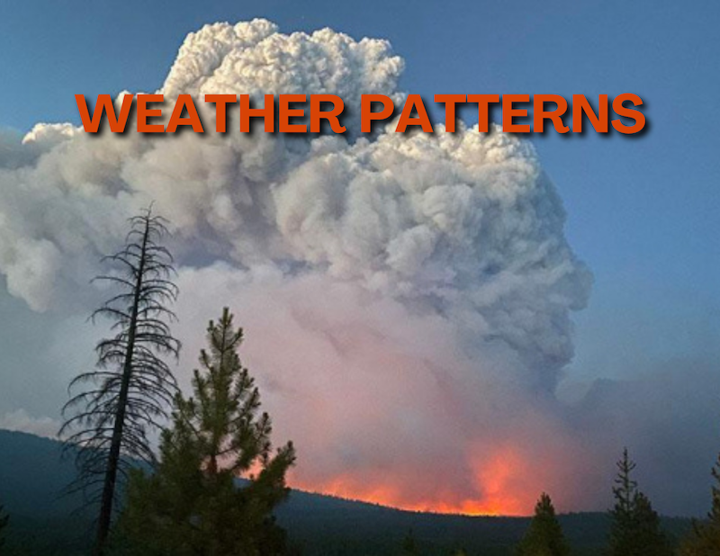 Pyrocumulous cloud over wildfire, text "Weather Patterns"