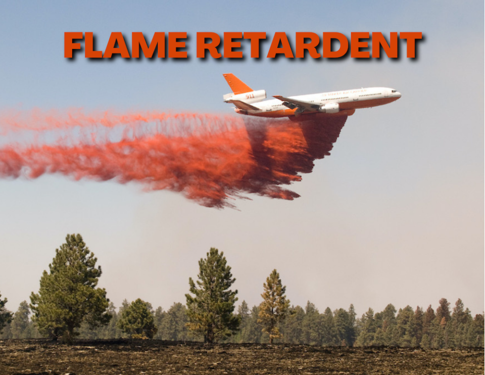 Airplane dropping red flame retardant, text "Flame Retardant."