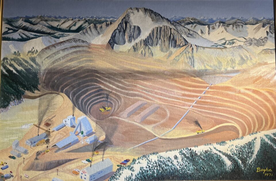 Painting by Kieth Bayha of proposed open pit mine by Castle Peak.