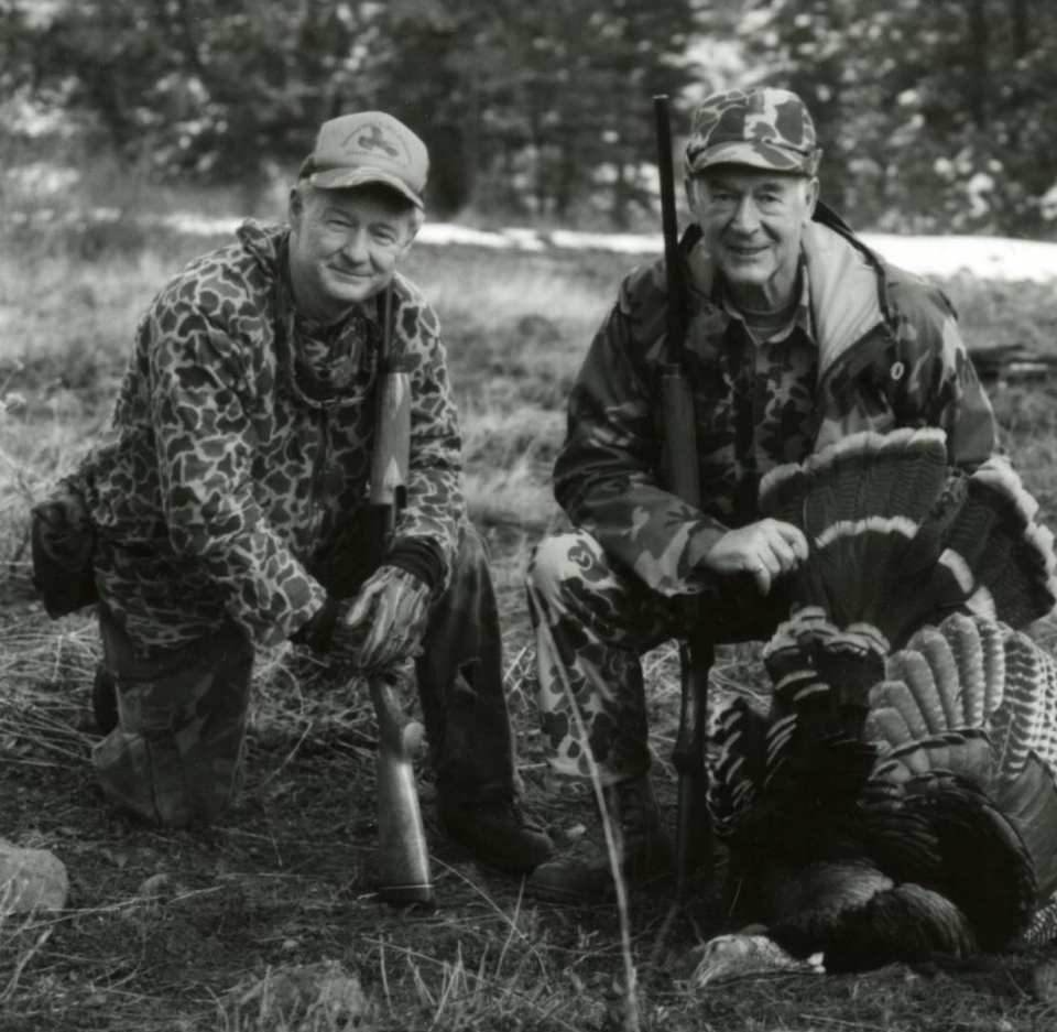 Cecil Andrus (right) was an avid outdoorsman. Here, he is seen hunting turkey with Jerry Conley, Idaho Fish and Game director. Photo Credit: Cecil D. Andrus Papers, Boise State University Archives.