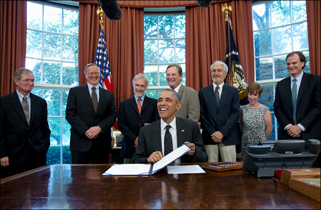 President Obama signs the Sawtooth NRA and Jerry Peak Additions Act in 2015, preserving the White Clouds as a Wilderness Area.