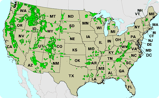 Map of recreation areas in the US.