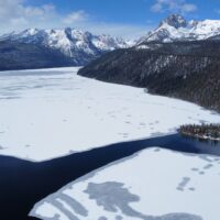 Redfish Lake in winter with ice.