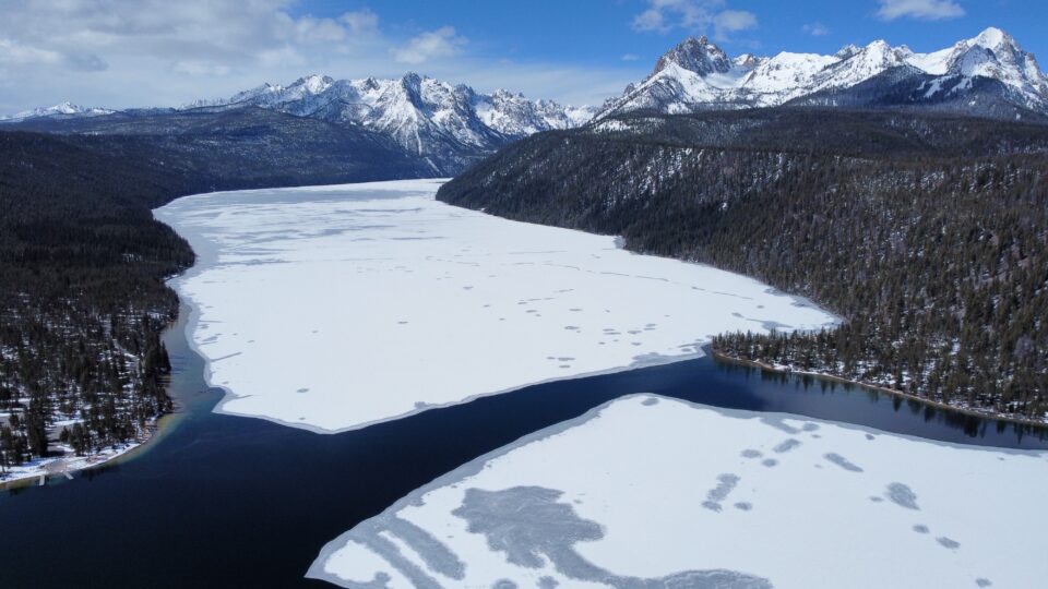 Redfish Lake in winter with ice.
