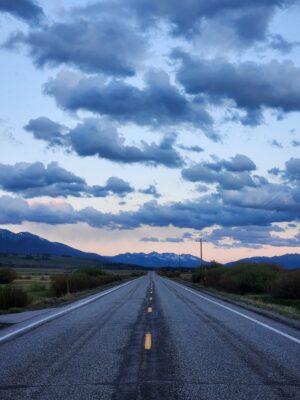 Highway at evening leading into the Sawtooth National Recreation Area.