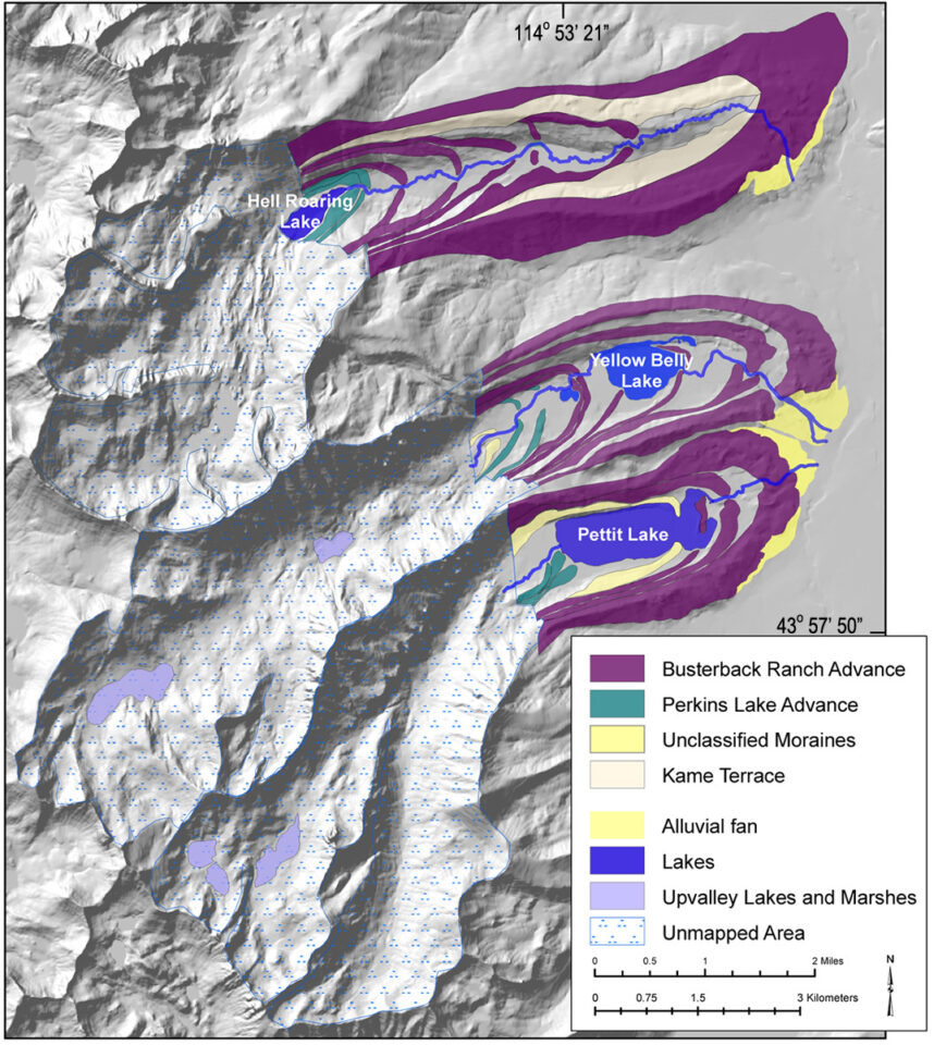 Map of moraine formation and glacier retreats in Sawtooths