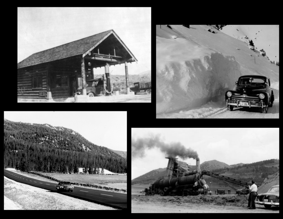 Collage of photos of old cars, roads, buildings, and asphalt machines.